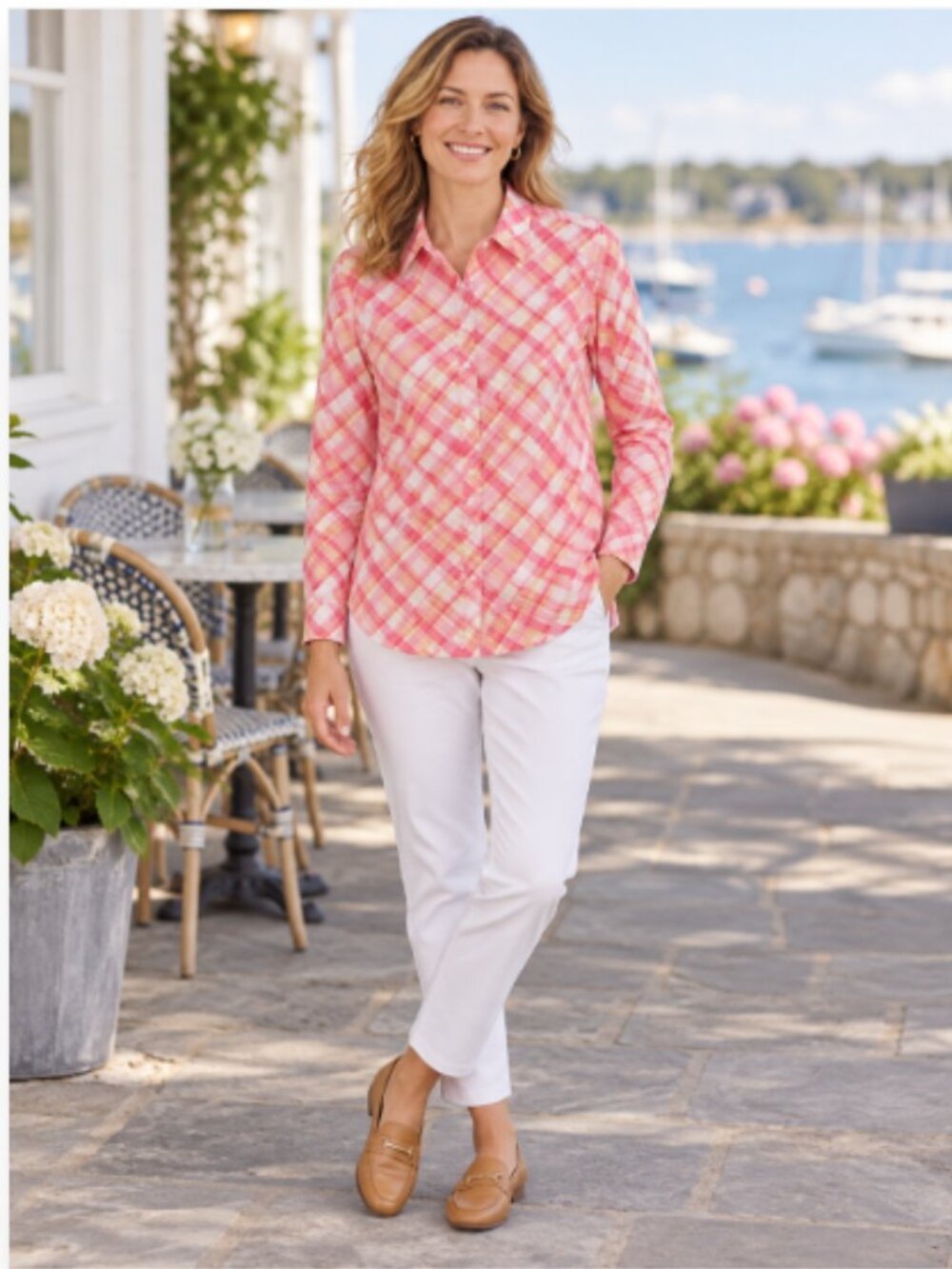 Talbots Pink & Coral Plaid Cotton Button Front Shirt
